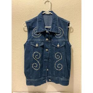 Accessory Lady Studded Dark Blue Denim Vest with Swirl Embellishments